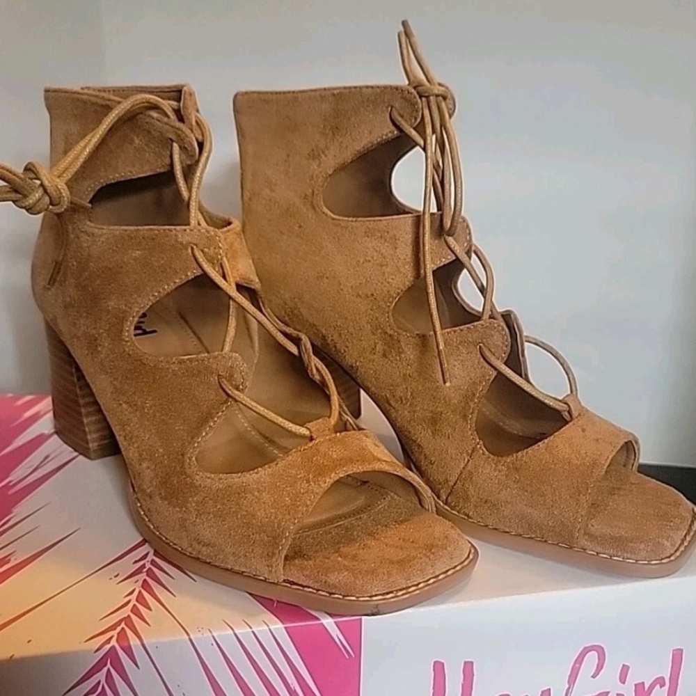 CORKY Wally-Women's Camel Suede Open-toe- Lace Up- Chunky Heel- Sz 10 Shoes Boot